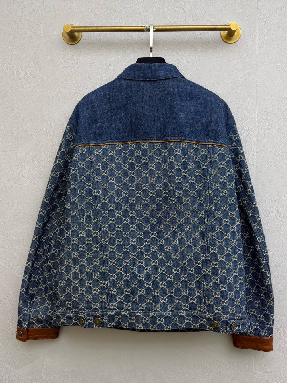 Gucci Blue GG Monogram Denim Jacket with Brown Leather Trim - Picture 2 of 7